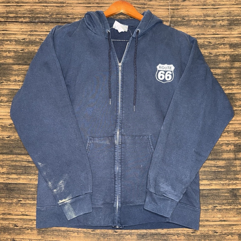 Vintage 90s Hanes Full Zip Hoodie Route 66 Blue Men's Size Small